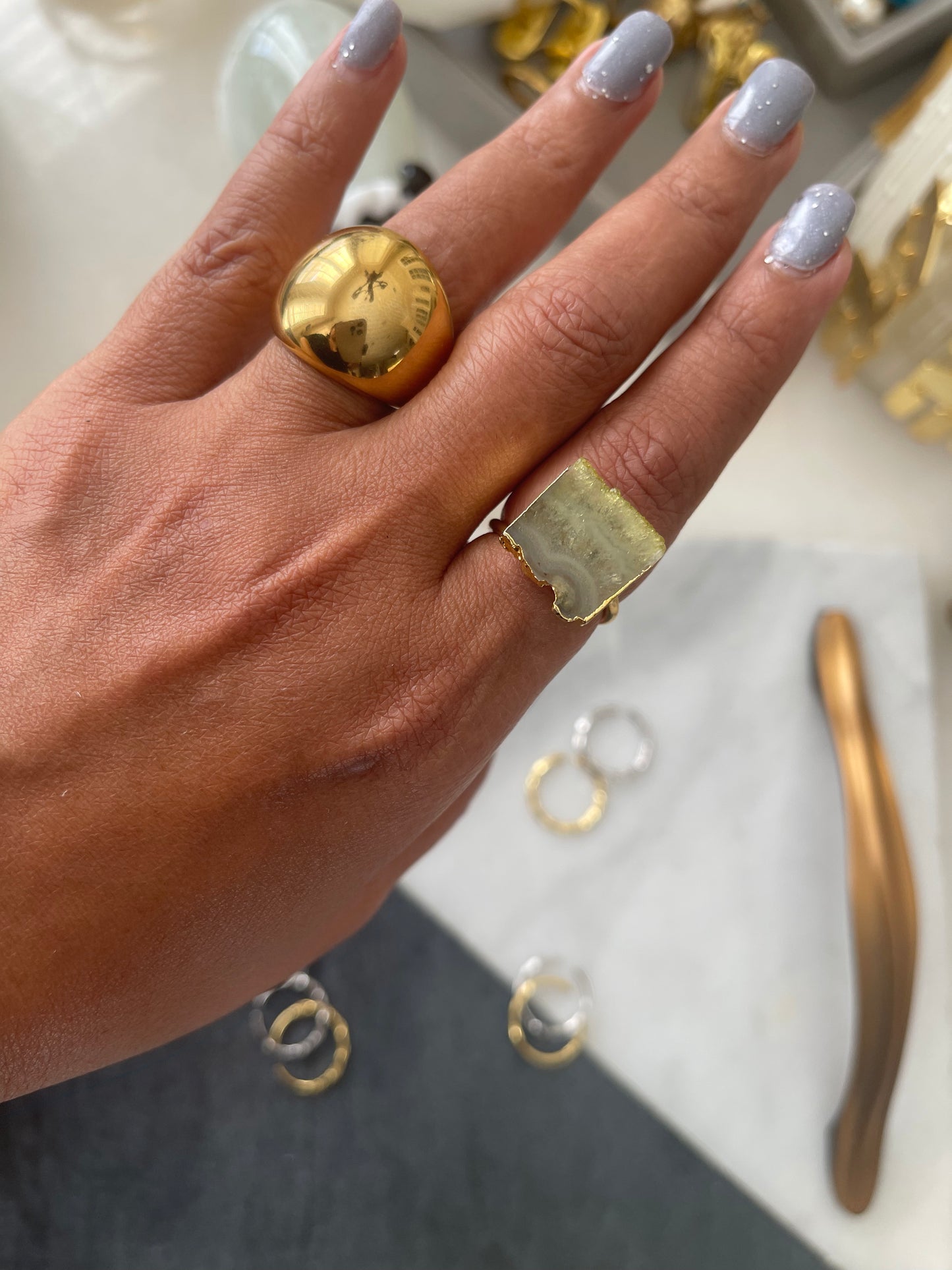 Gold & Green Agate slice ring