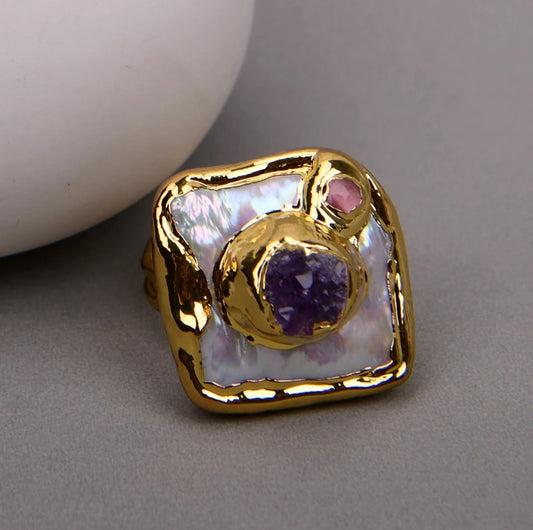 Gold Pearl Amethyst  ring