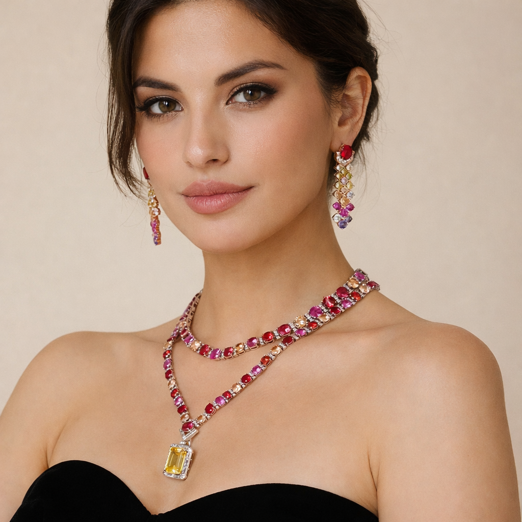 gold plated statement necklace set zircon jewelry
bridal gold necklace handmade jewelry
kaamra jewels venetian sunset necklace

