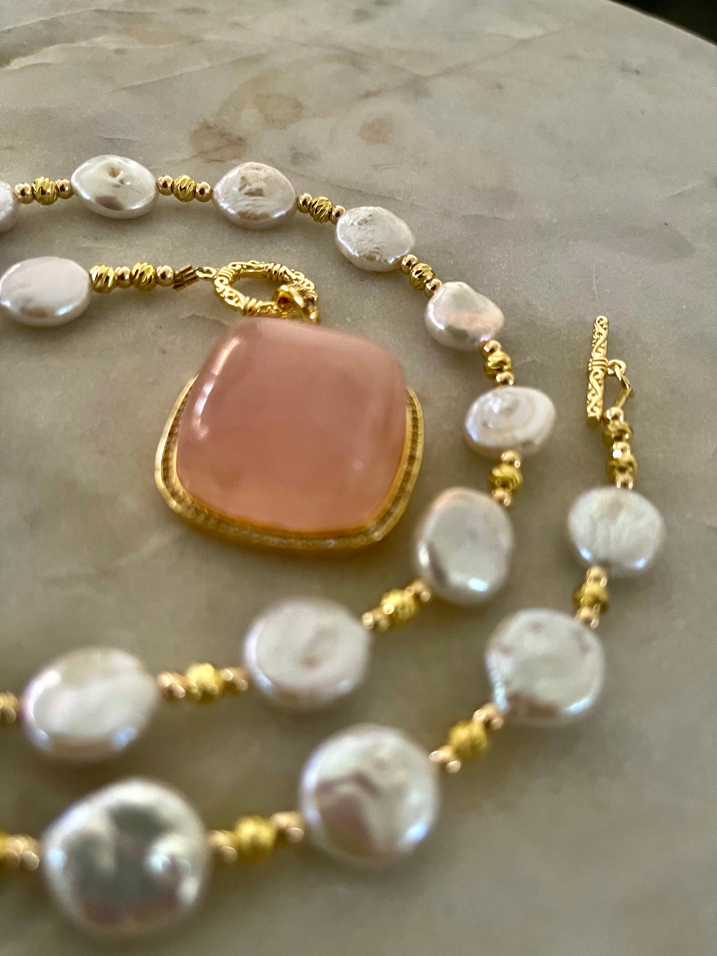 Alina Rose quartz & freshwater coin Pearl Necklace