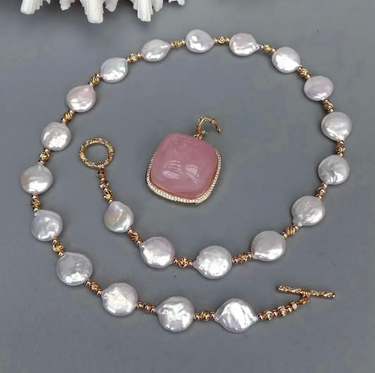 Alina Rose quartz & freshwater coin Pearl Necklace