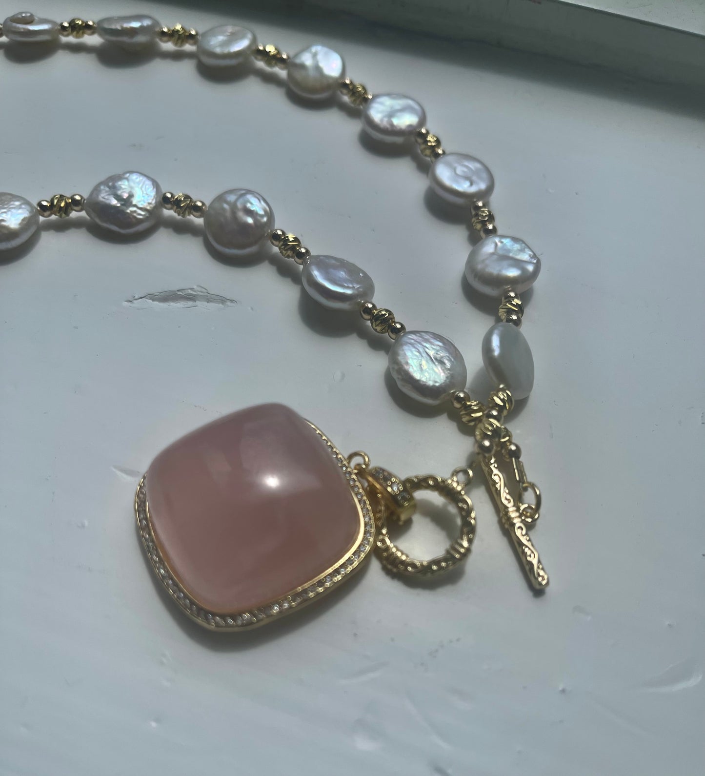 Alina Rose quartz & freshwater coin Pearl Necklace