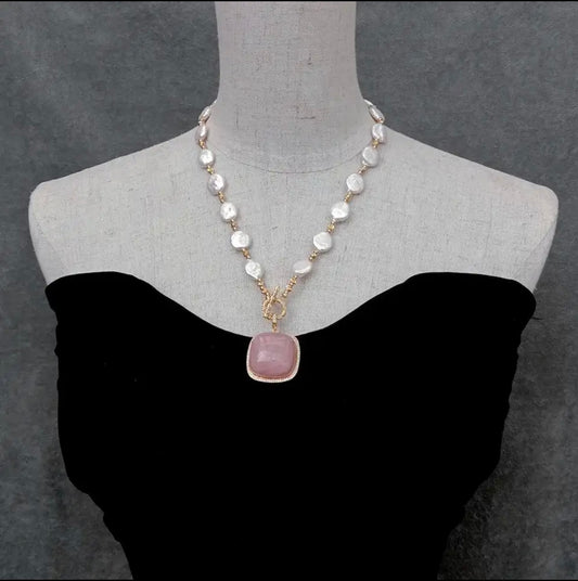 Alina Rose quartz & freshwater coin Pearl Necklace