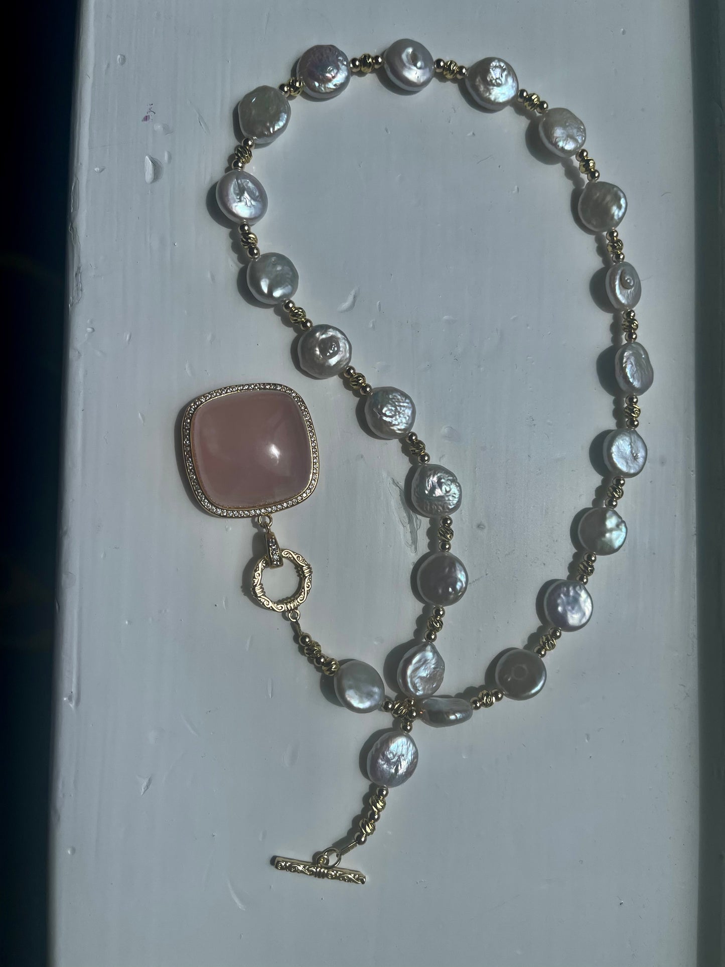 Alina Rose quartz & freshwater coin Pearl Necklace