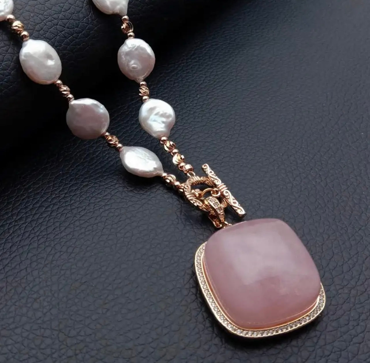 Alina Rose quartz & freshwater coin Pearl Necklace