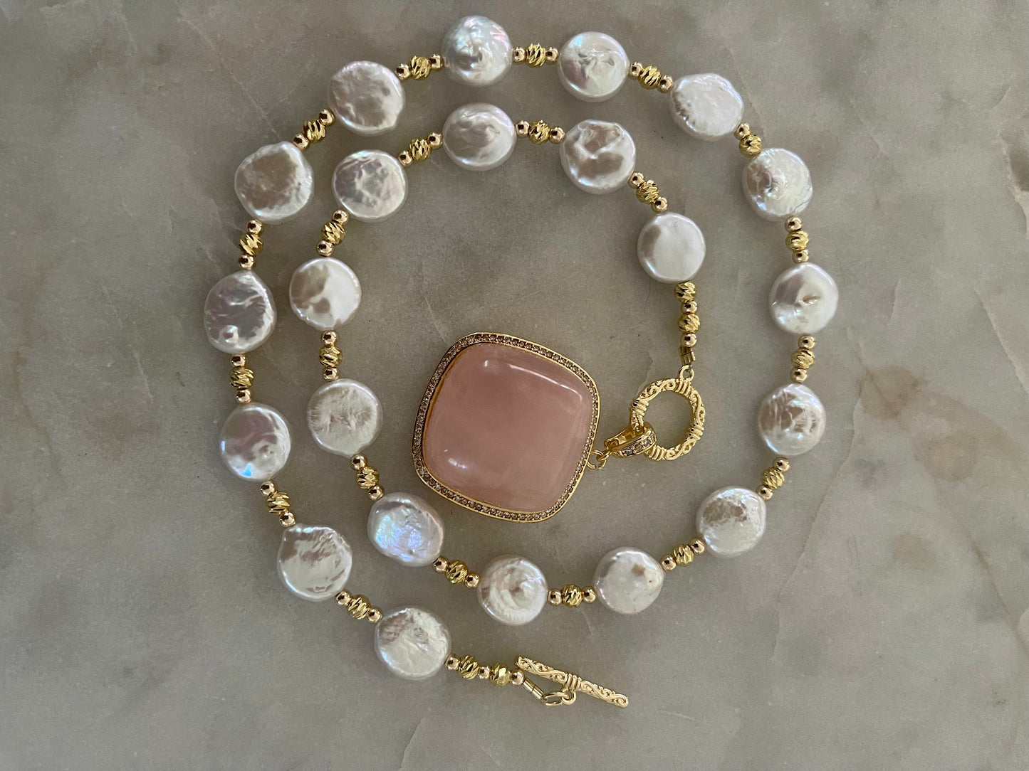 Alina Rose quartz & freshwater coin Pearl Necklace