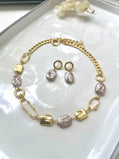 Vivian Natural flat freshwater and gold chain Necklace and earrings